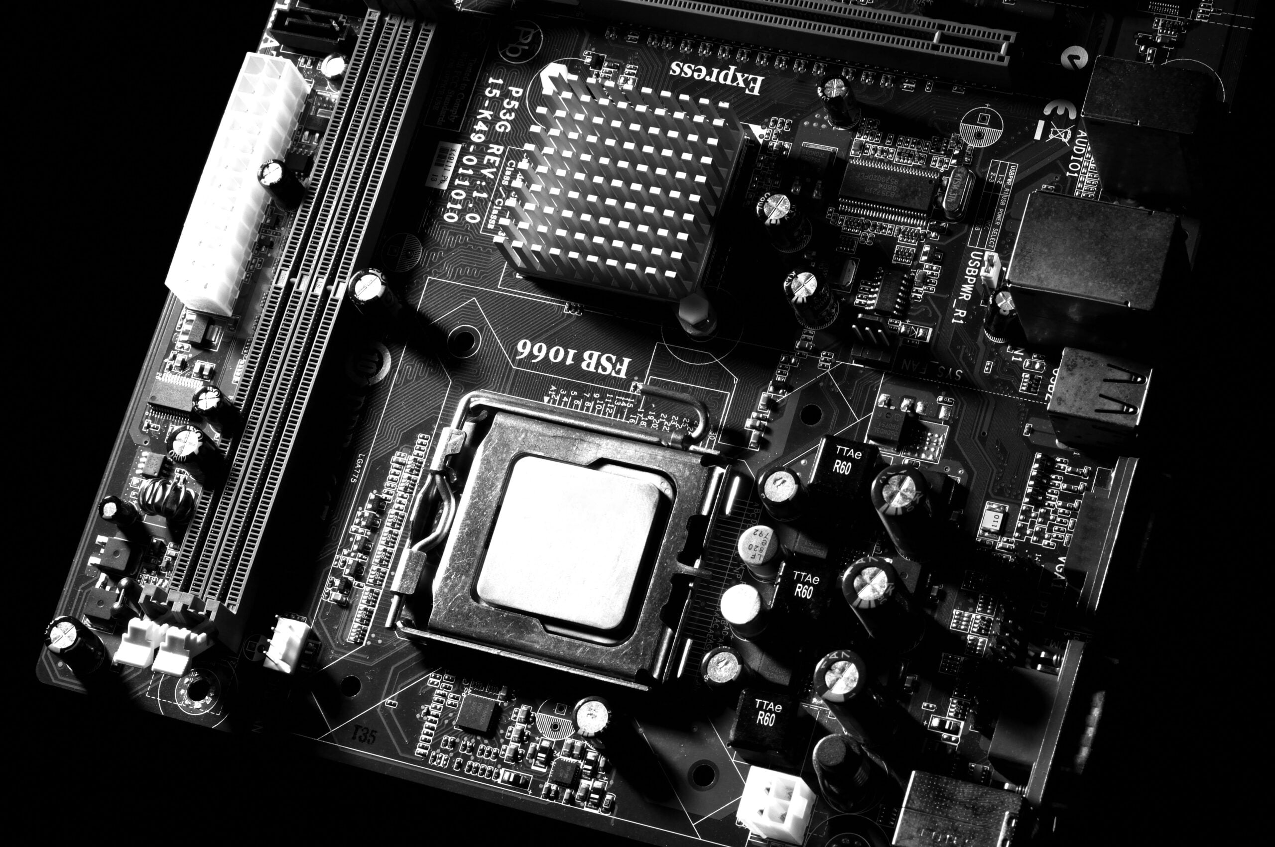 Grayscale photo of motherboard